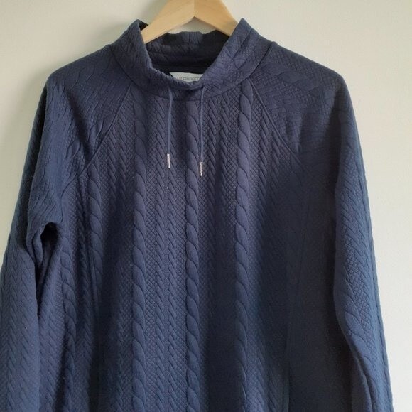 VTG. Liz Claiborne Navy Drawstring Kangaroo Pocket Cable Mockneck Sweater M - Picture 2 of 11